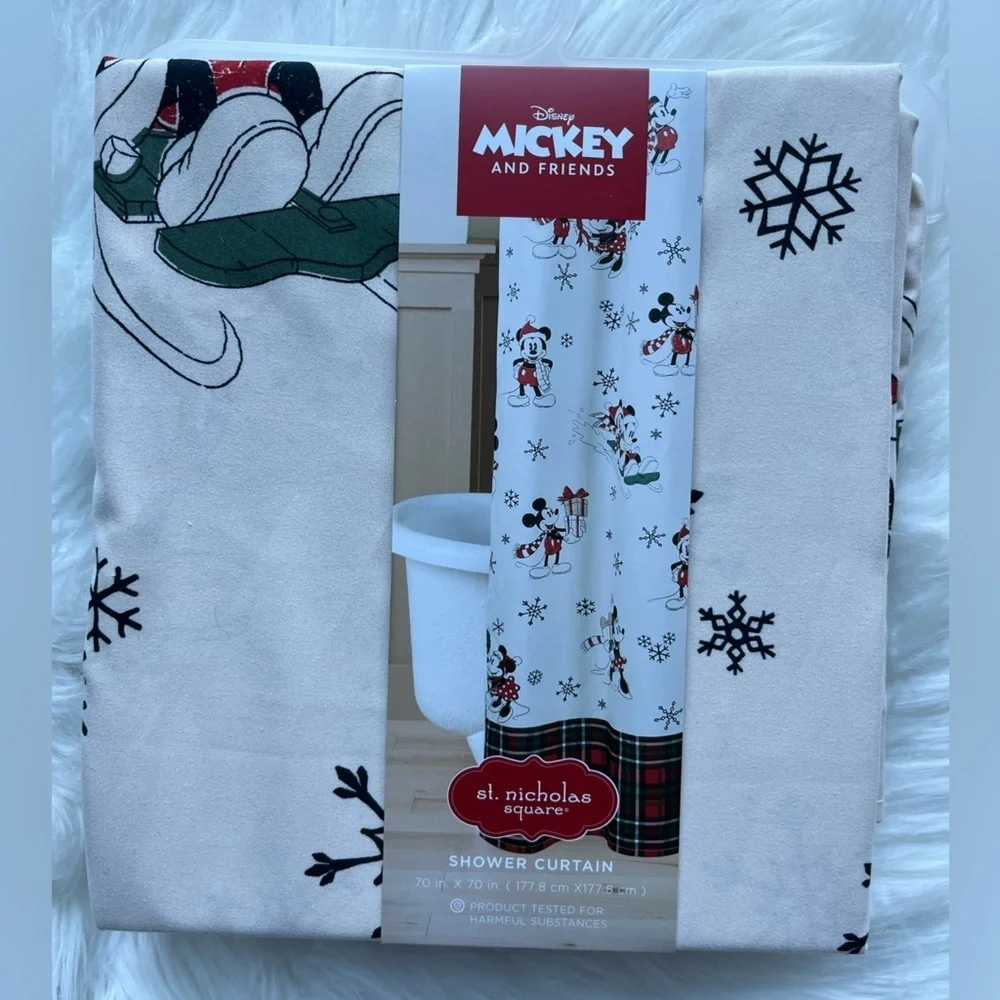 🆕 DISNEY Mickey and Minnie Shower Curtain Bath Rug  Hand Towel Bathroom Set